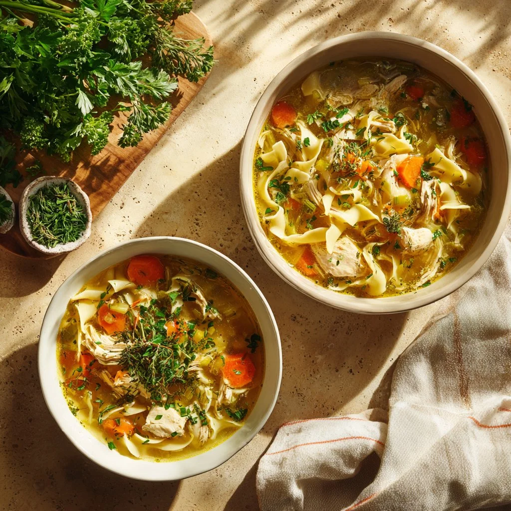 Bowl of healing chicken noodle soup with vegetables and herbs