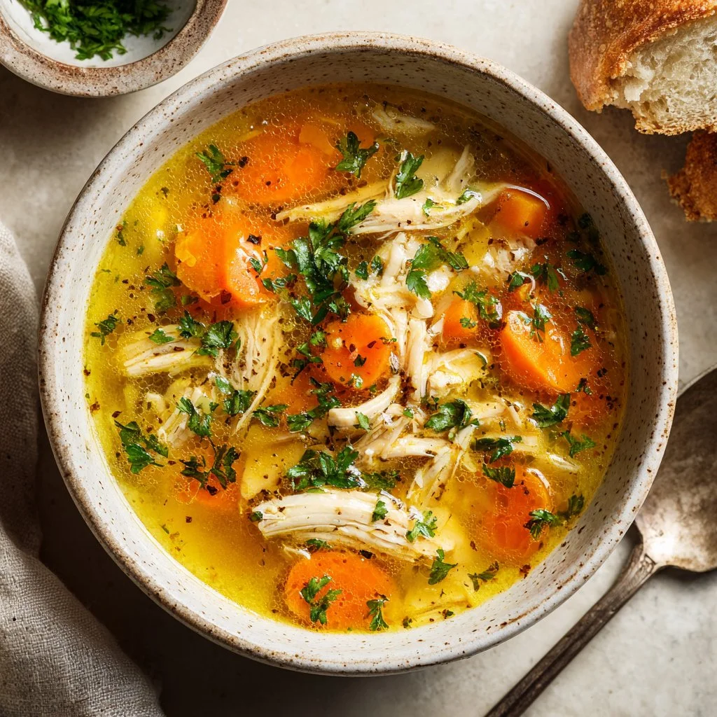 Bowl of healing chicken soup with vegetables and herbs, perfect for recovery.