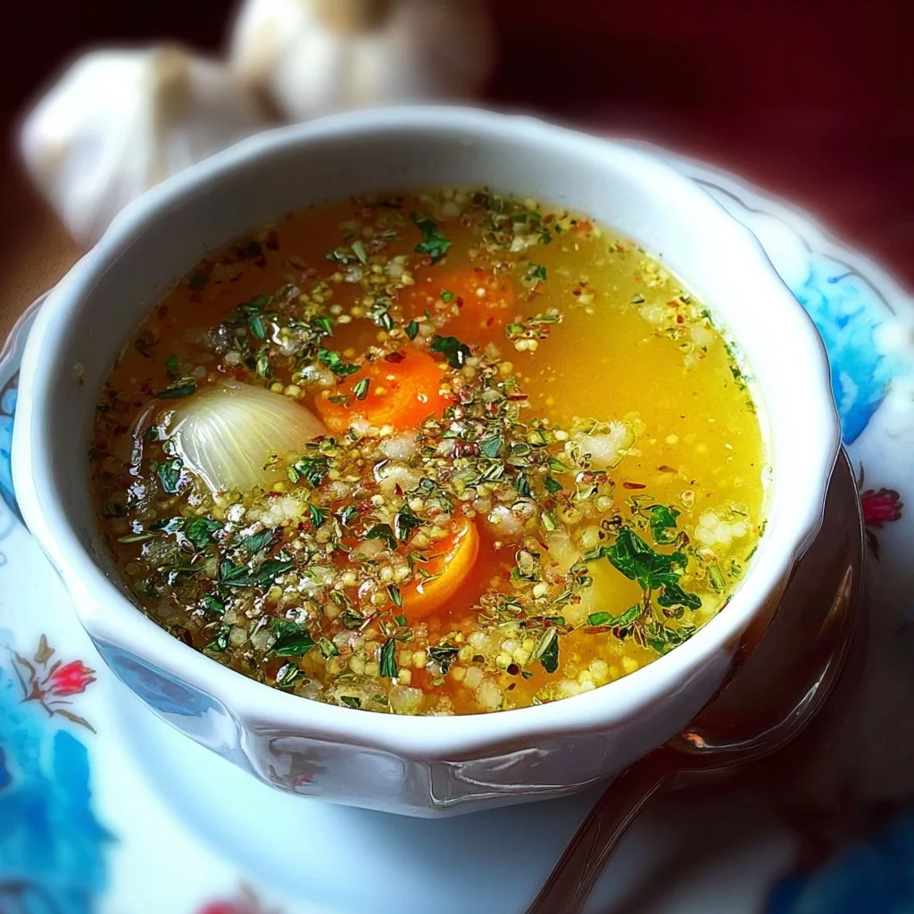 Bowl of healing garlic soup, perfect for colds and boosting immunity