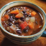 Delicious bowl of hearty black bean soup topped with fresh herbs.