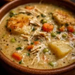 High Protein Chicken Pot Pie Soup in a bowl with fresh herbs