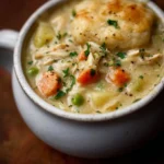 Delicious high protein chicken pot pie soup served in a bowl with vegetables