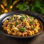 High protein creamy beef pasta dish with herbs and cheese garnish