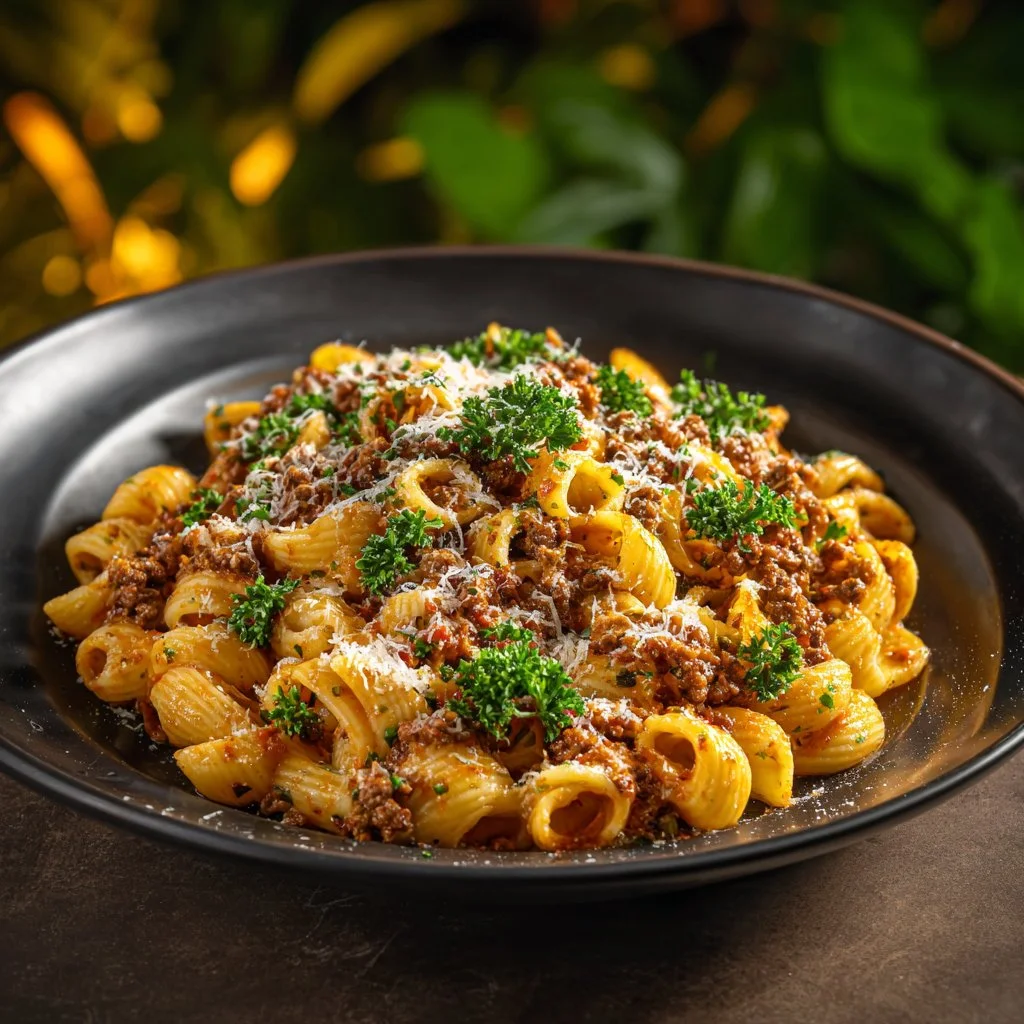 High protein creamy beef pasta dish with herbs and cheese garnish