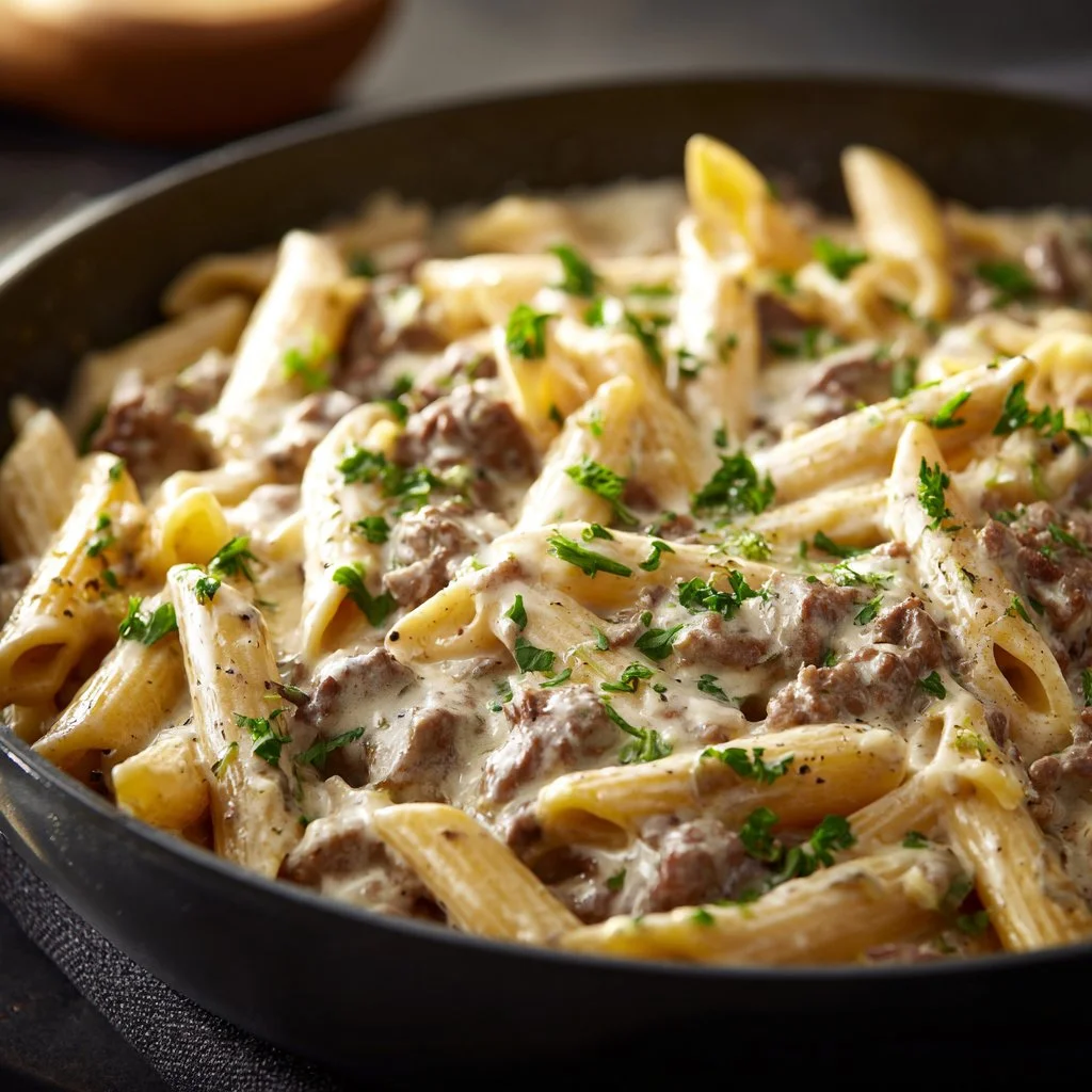 High protein creamy beef pasta dish topped with herbs and cheese