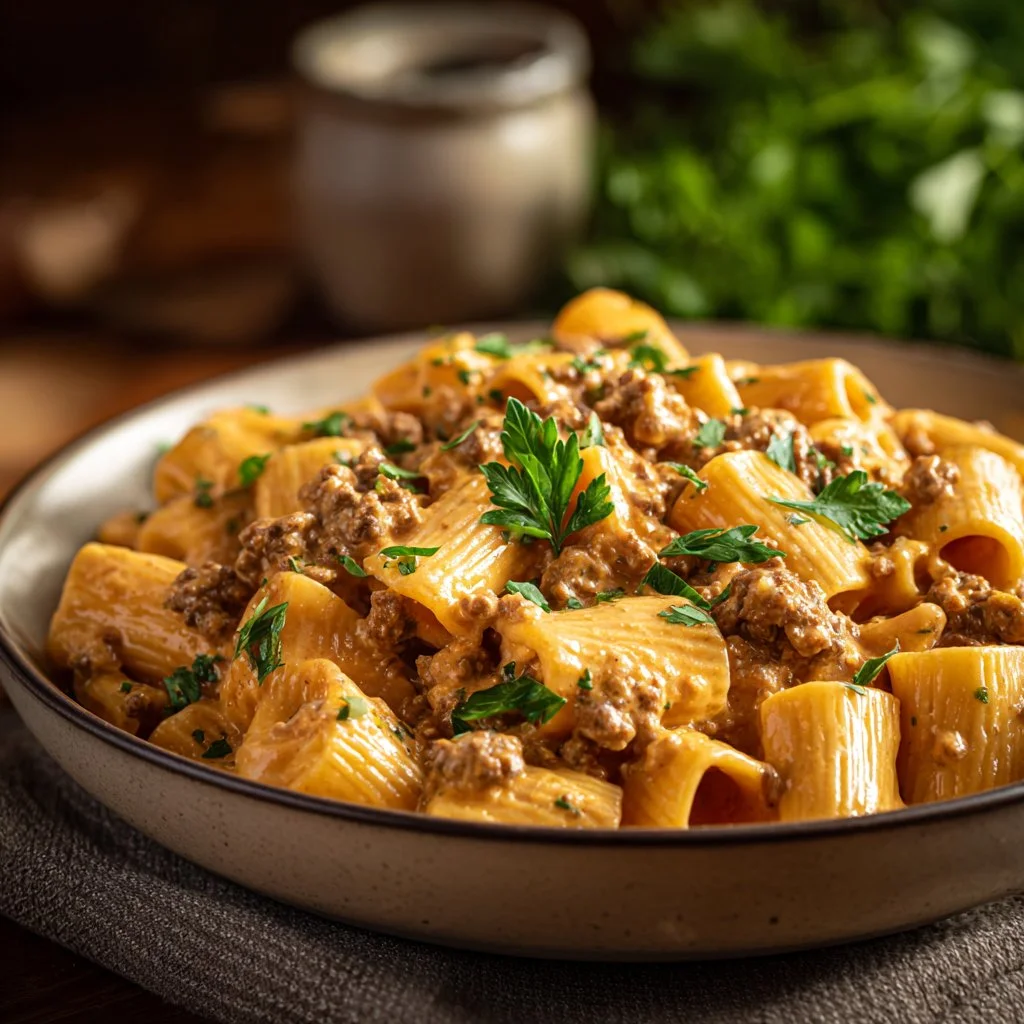 Creamy beef pasta dish topped with fresh herbs and served in a bowl