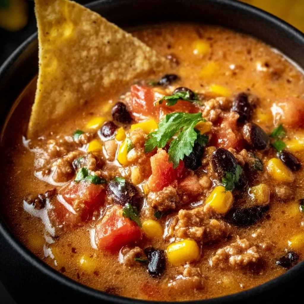High Protein Creamy Taco Soup garnished with cilantro and avocado
