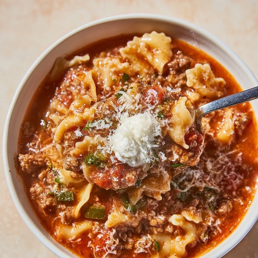 High protein lasagna soup in a bowl with fresh herbs on top