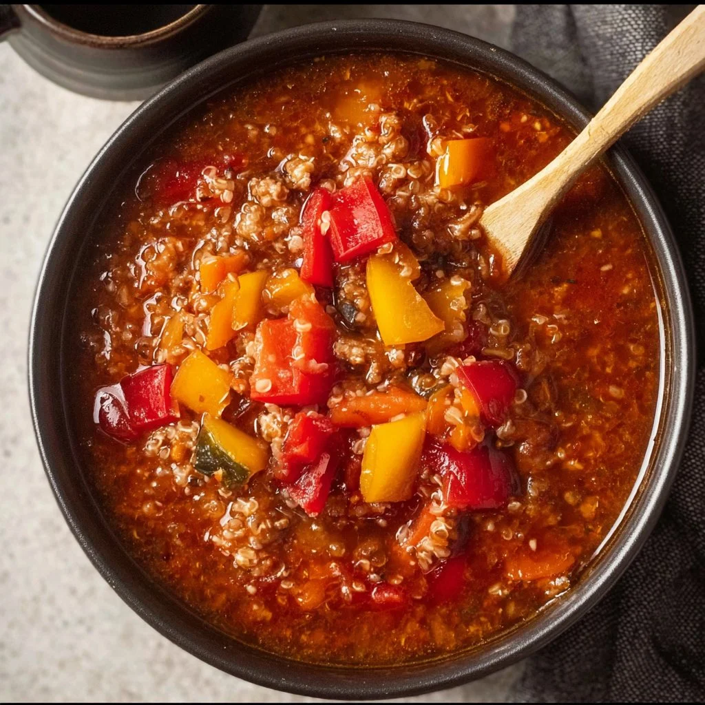 High protein stuffed pepper soup in a bowl with fresh ingredients.