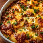 Delicious Hobo Casserole featuring Ground Beef and Potatoes in a cozy baked dish