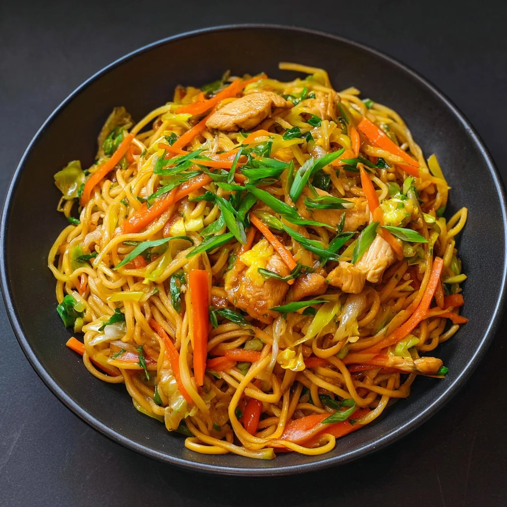 Bowl of homemade chicken chow mein with vegetables and noodles