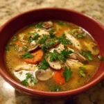 Bowl of homemade rotisserie chicken and mushroom soup with herbs