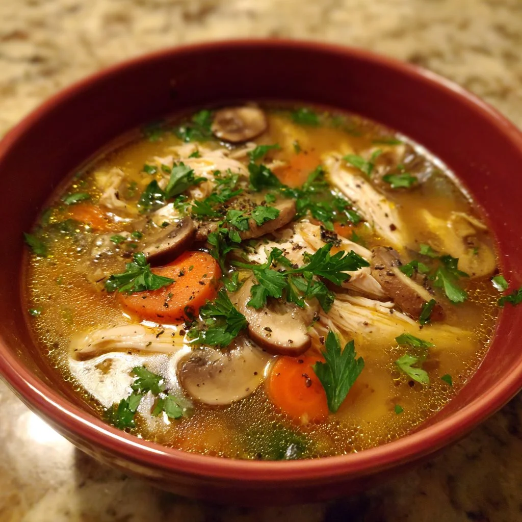 Bowl of homemade rotisserie chicken and mushroom soup with herbs
