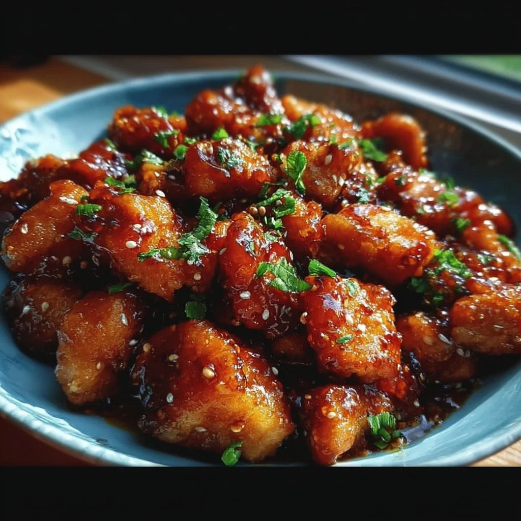 Plate of Honey Garlic Chicken Bites with garnishes
