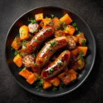 Honey Garlic Sausage served with roasted sweet potatoes in a colorful dish