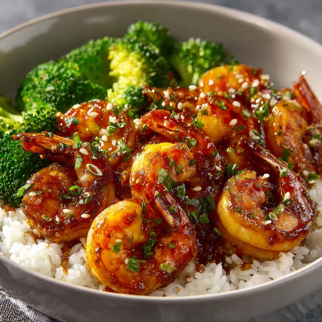 Delicious Honey Garlic Shrimp Bowl with vegetables and rice