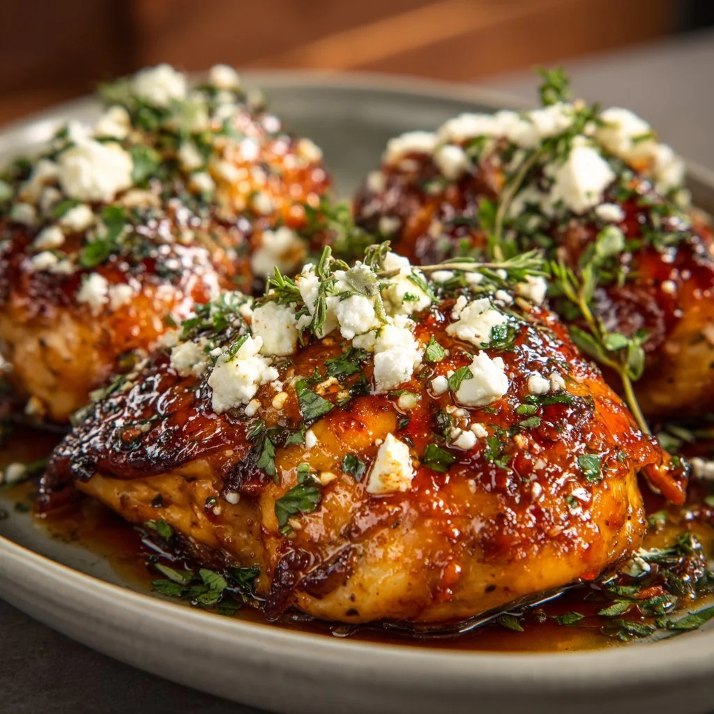 Delicious hot honey feta chicken served with fresh herbs and a drizzle of honey