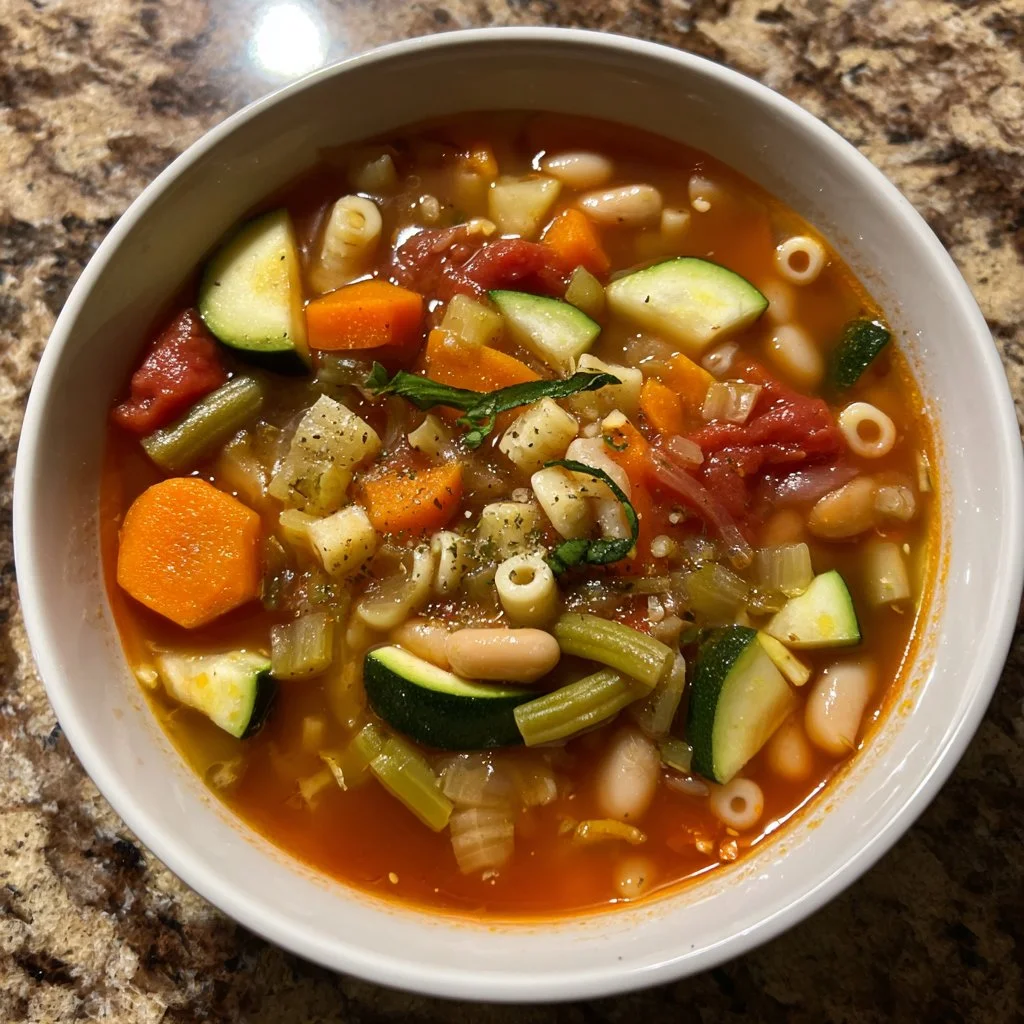 Bowl of Italian Minestrone Soup with fresh vegetables and herbs
