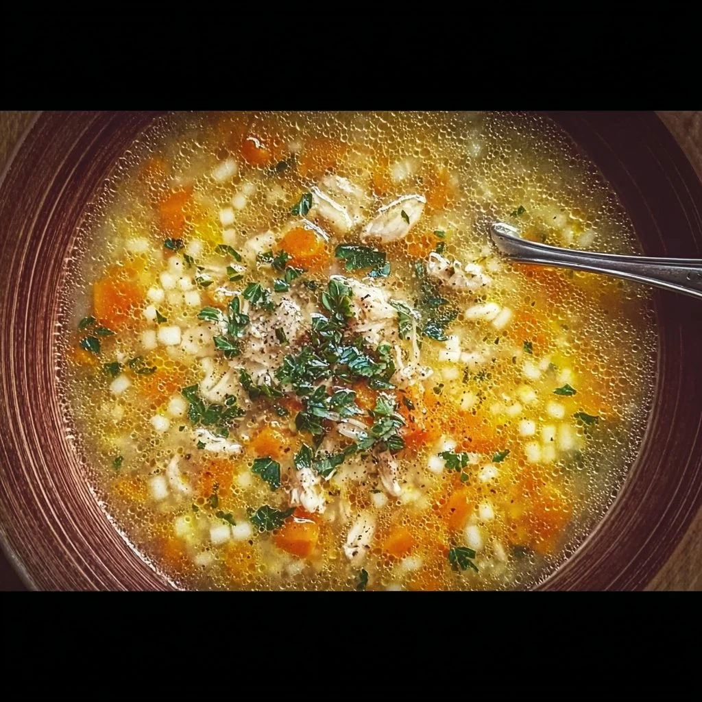 Warm bowl of Italian Penicillin Soup garnished with herbs and vegetables