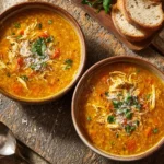 Bowl of Italian Penicillin Soup with fresh herbs and vegetables.