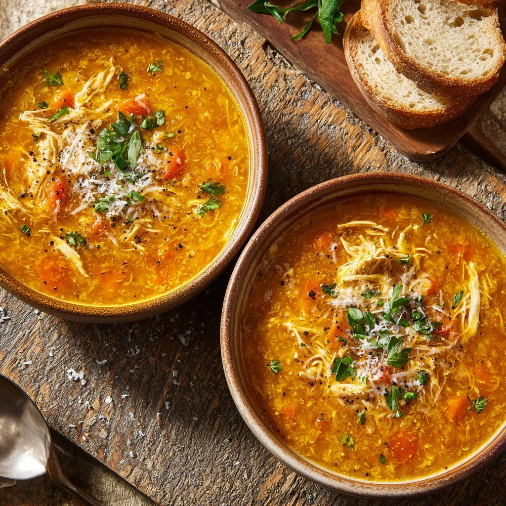 Bowl of homemade Italian Penicillin Soup garnished with herbs