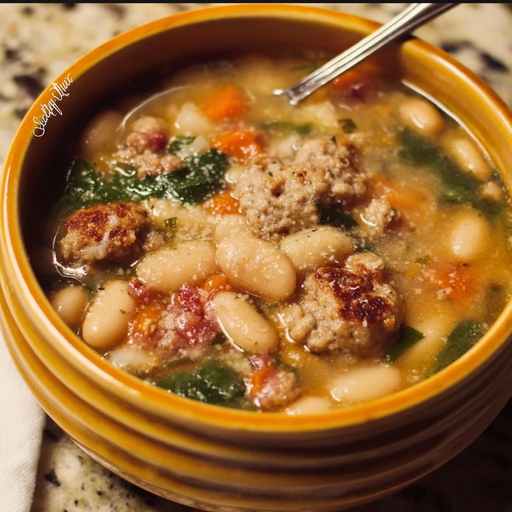 Bowl of Italian sausage white bean soup garnished with herbs
