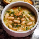 Bowl of Italian white bean soup garnished with herbs and served with crusty bread