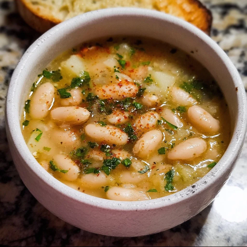 Bowl of Italian white bean soup garnished with herbs and served with crusty bread