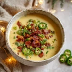 Bowl of creamy jalapeño popper soup topped with cheese and jalapeños