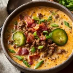 Delicious Keto Cheeseburger Soup in a bowl topped with cheese and herbs