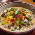 Keto Cheeseburger Soup in a bowl with toppings and herbs