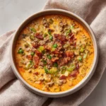 Bowl of creamy keto cheeseburger soup with cheese and bacon garnish
