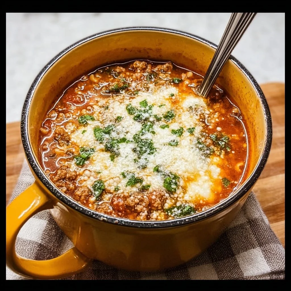 Bowl of Keto Lasagna Soup topped with cheese and herbs, a low-carb dish.