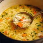 Bowl of Lemon Chicken Orzo Soup with fresh herbs and lemon slices