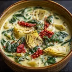 Bowl of Lemony Tuscan Artichoke Soup garnished with fresh herbs