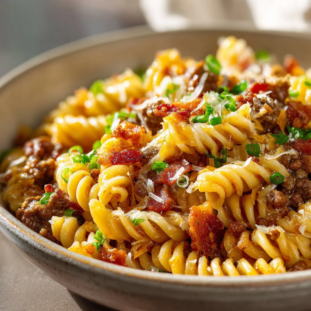 A bowl of loaded bacon cheeseburger pasta topped with cheese and crispy bacon