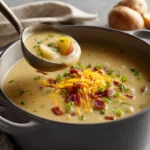 Bowl of loaded potato soup topped with cheese and green onions