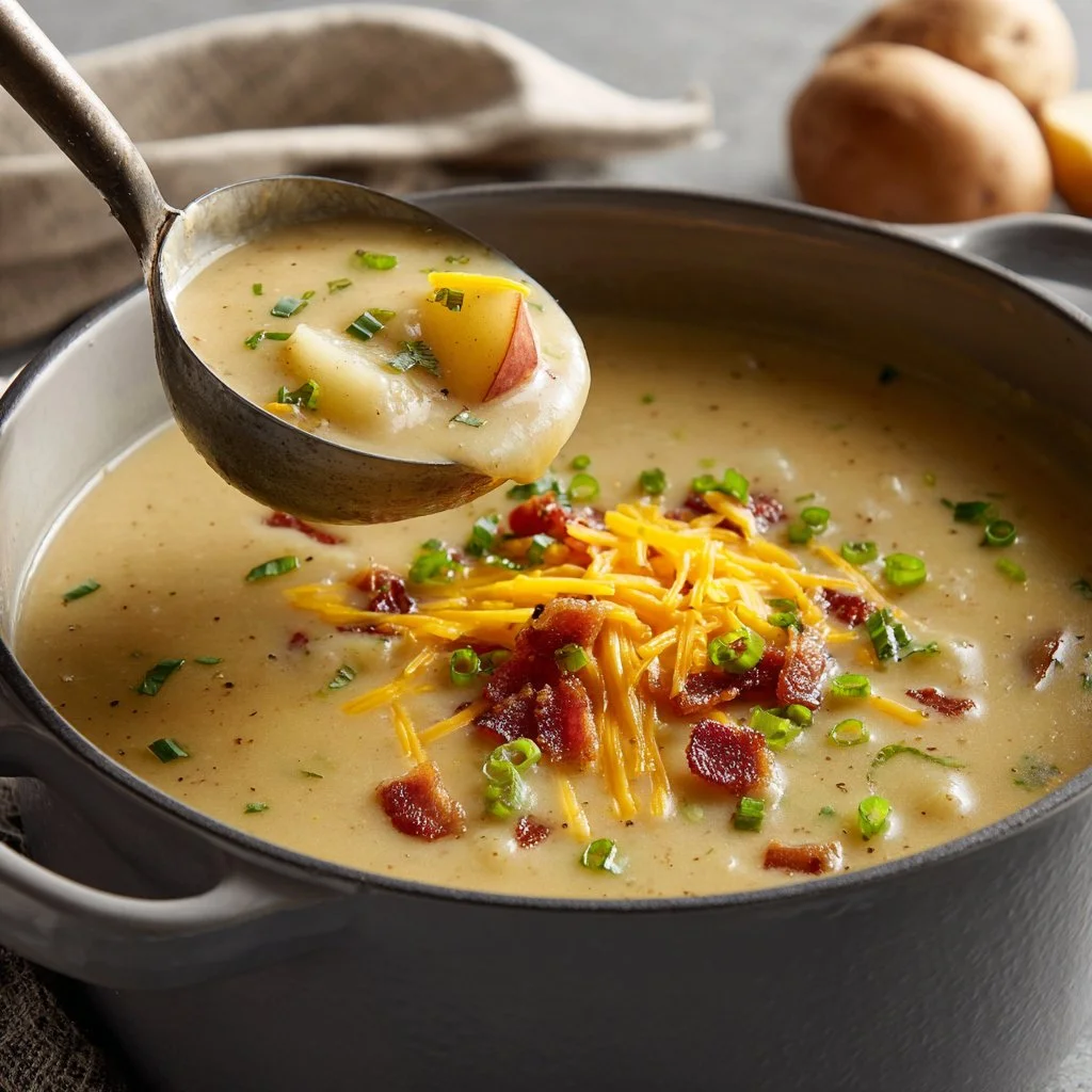 Bowl of loaded potato soup topped with cheese and green onions