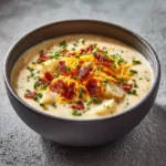 Creamy loaded potato soup topped with cheese and bacon in a bowl