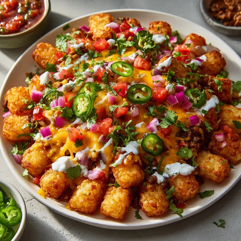 Delicious loaded tater tot nachos topped with melted cheese and jalapeños