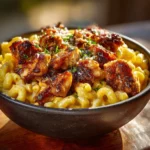 Bowl of macaroni and cheese topped with crispy honey pepper chicken