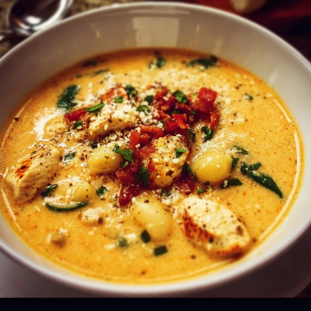 Bowl of creamy Marry Me Chicken Soup with herbs and spices