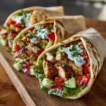 Mediterranean Chicken Gyros with creamy feta tzatziki on a plate
