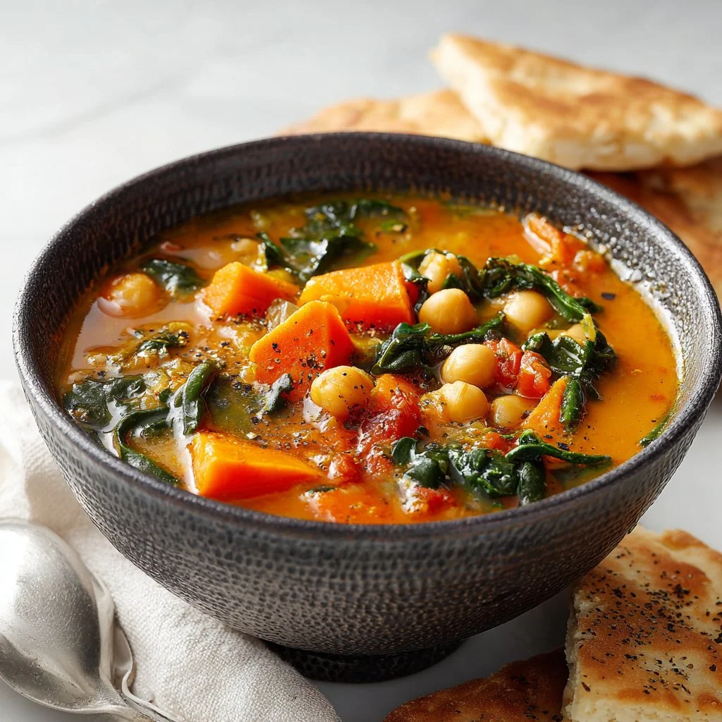 A bowl of Mediterranean Soup garnished with fresh herbs and vegetables.