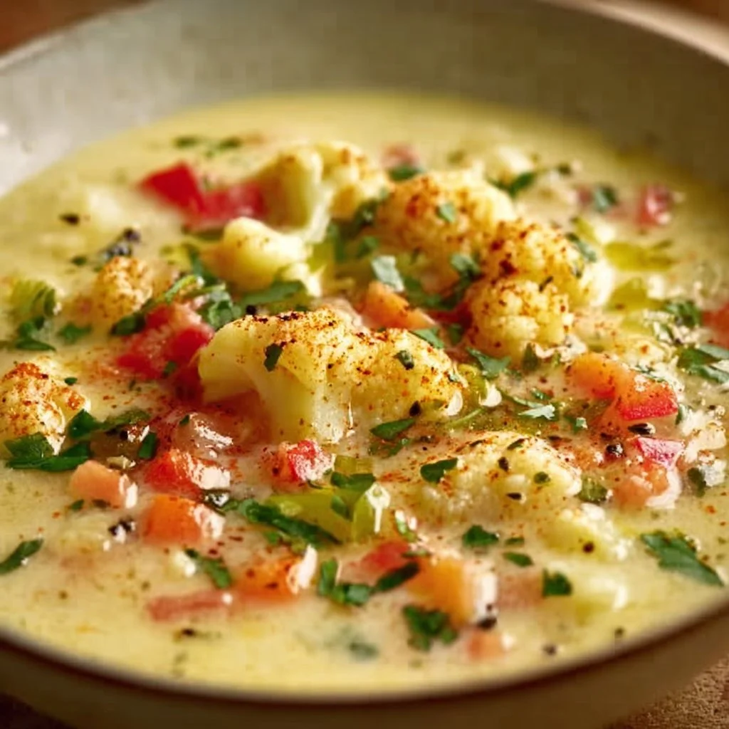 Bowl of Mediterranean-style cauliflower soup garnished with herbs