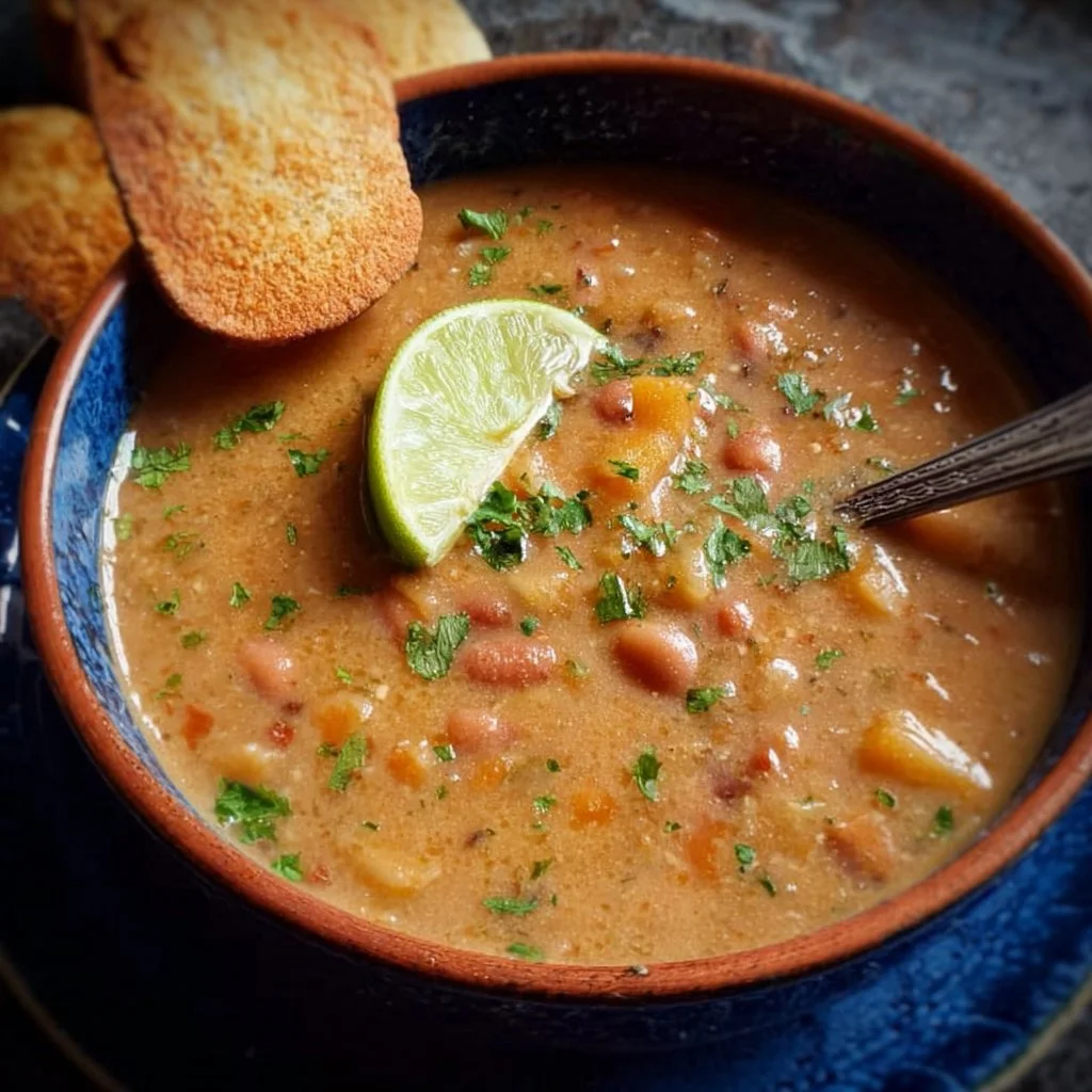 Bowl of Mexican-inspired pinto bean soup topped with herbs and spices