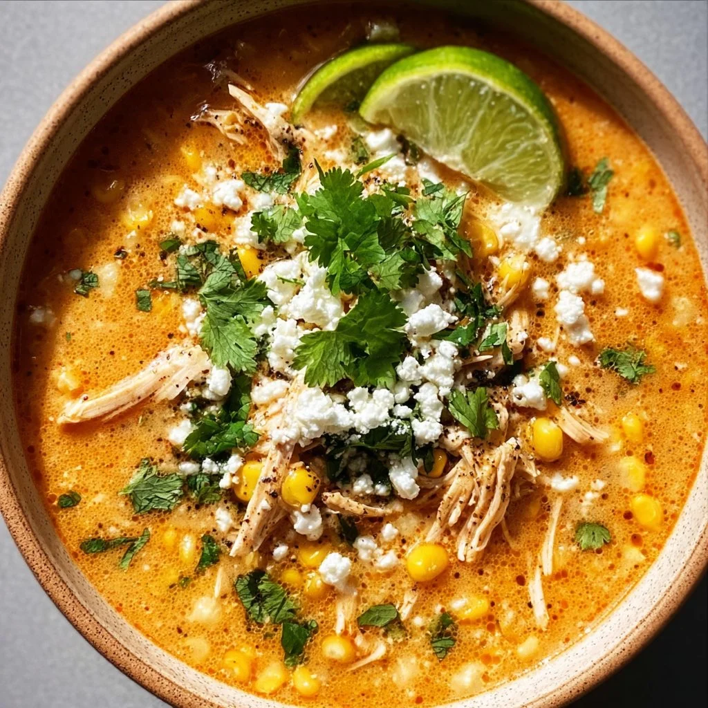 Delicious Mexican street corn soup garnished with cilantro and lime