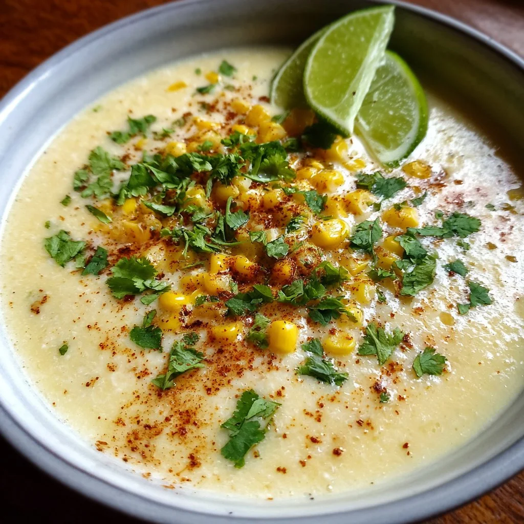 Bowl of Mexican street corn soup topped with cilantro and lime.