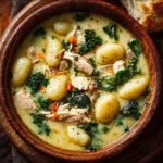 Bowl of Olive Garden Chicken Gnocchi Soup with creamy broth and vegetables