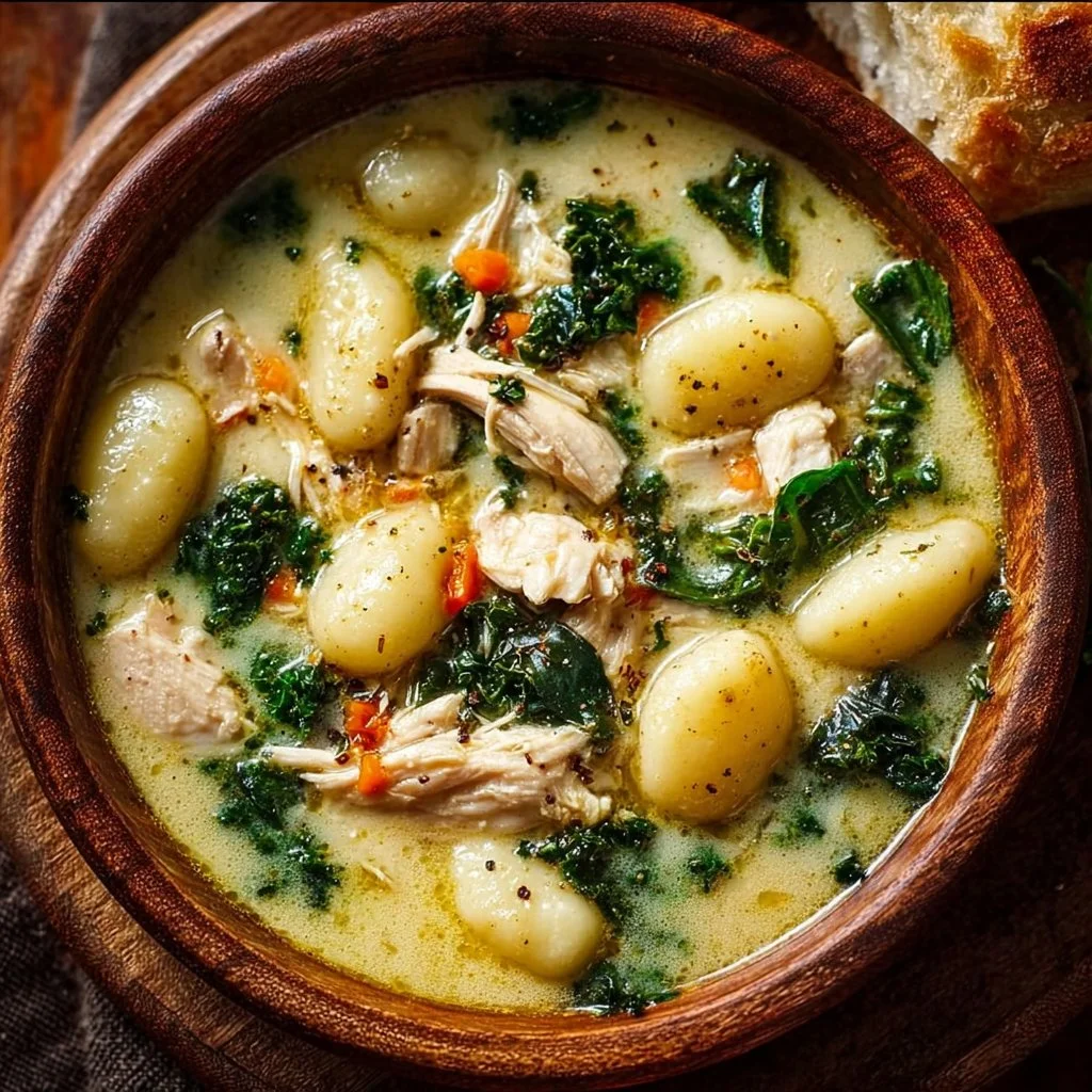Bowl of Olive Garden Chicken Gnocchi Soup with creamy broth and vegetables